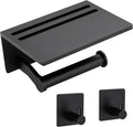 Toilet Paper Holder with Shelf + 2 PCS Towel Hooks - Self Adhesive Toilet Paper Storage - Tissue Roll Holder with Phone Shelf - Wall Mount Toilet Roll Bathroom Organizer - Black