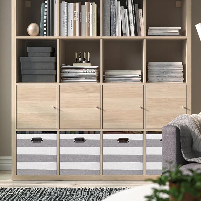 13x15x13 Storage Cube Bins, Foldable Storage Cubes, Fabric Organizer Basket Bin, Striped Containers Decorative Storage Boxes for Shelves Wardrobe Closet Home Office, 4 Pack, Gray/White