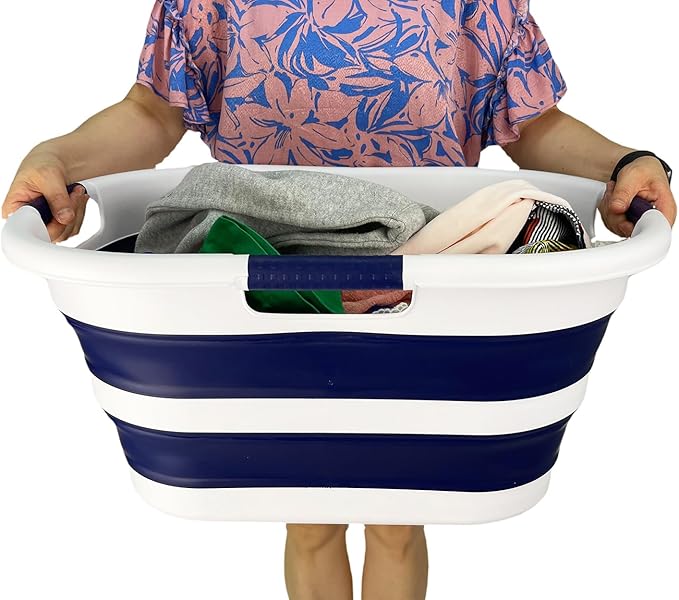 SAMMART 40L (10.5 gallon) Set of 2 Collapsible Plastic Laundry Hamper - Foldable Pop Up Storage Container/Organizer - Portable Washing Tub - Space Saving Basket (2, White/Starry Blue)