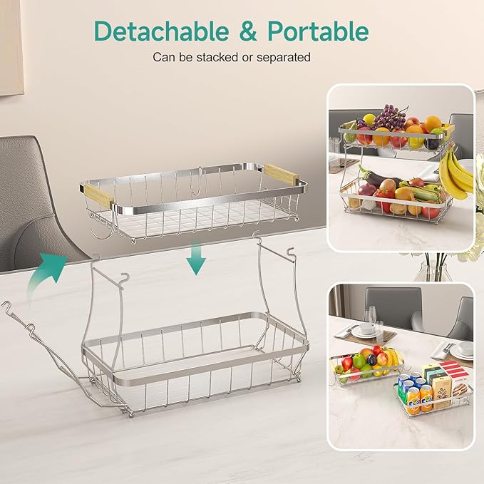 2 Tier Large Fruit Basket for Kitchen Counter with 2 Mobile Banana Hangers, 2026 Pro Detachable Metal Fruit Bowl with Wooden Handle (Silver, 2 Tier)