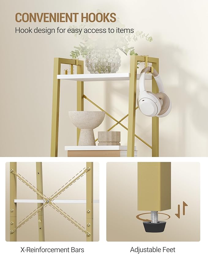 Ladder Shelf, Bookshelf Bookcase, Freestanding Corner Storage Shelve with 2 Hooks for Home Office, Living Room, Kitchen, Bedroom, Industrial, 11.8" D x 13.4" W x 47.2" H, White Gold BC13213G