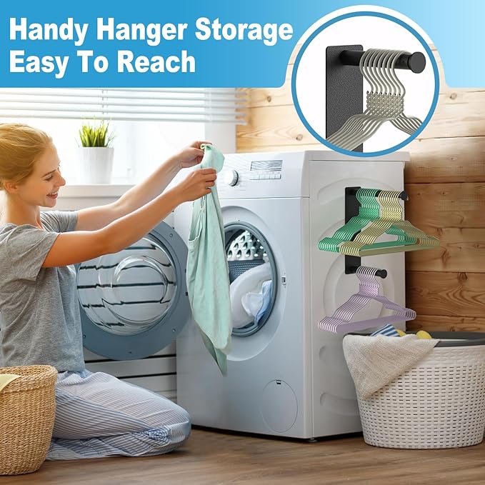 MFTEK Hanger Organizer Stacker, Magnetic Hanger Holder, Extendable Hangers Storage Rack for Washing Machine Closet Laundry Room Organization, Stand Rack for Adult Kids Velvet Hangers (Black)