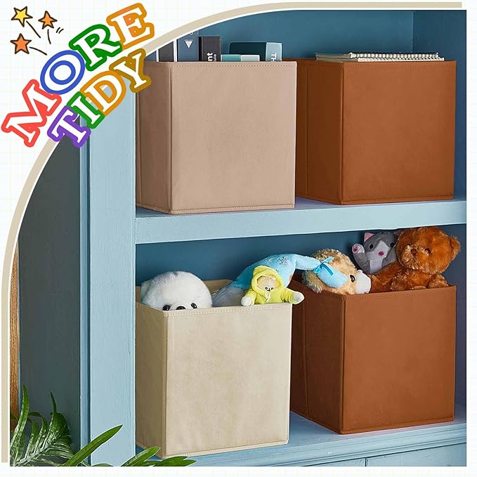 Yinder 4 Pcs Cube Storage Bin Brown 11'' Storage Bins for Playroom Decor Colorful Bins for Kids Foldable Baskets for Nursery Organizer Boxes Fabric Boxes
