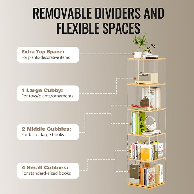 5-Tier Rotating Bookshelf, 360° Spinning Book Shelf Tower with Solid Wood & Clear Acrylic, Square Revolving Bookcase for Kids Room, Living Room, Bedroom and Office