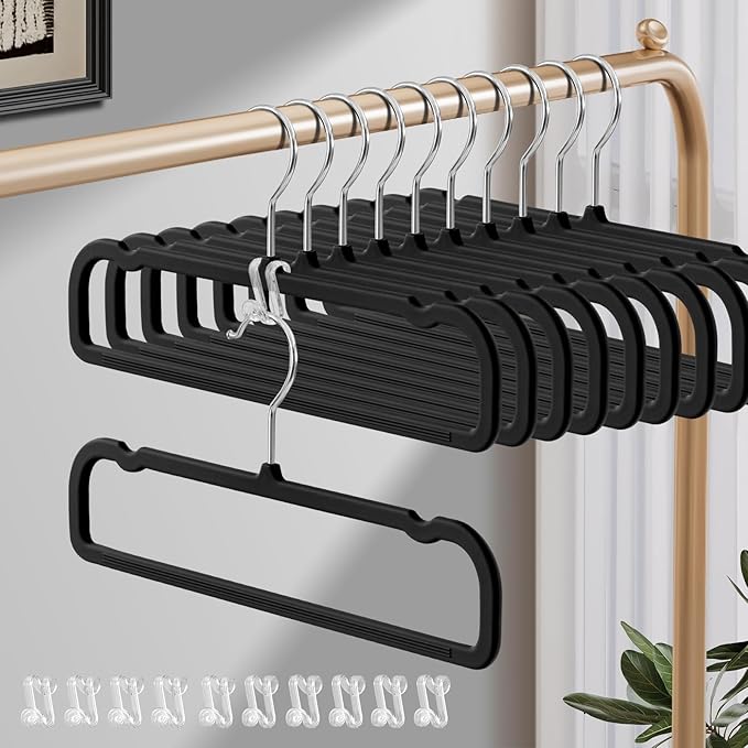HUADYMEET 14 Inch Soft-Touch Pants Hangers Non Slip, 20 Pack Slim Silky Feel Jeans Trousers Shorts Hangers with 10 Hooks,Strong Durable Thin Space Saving Clothes Hanger for Men Women,Skirts(Black)