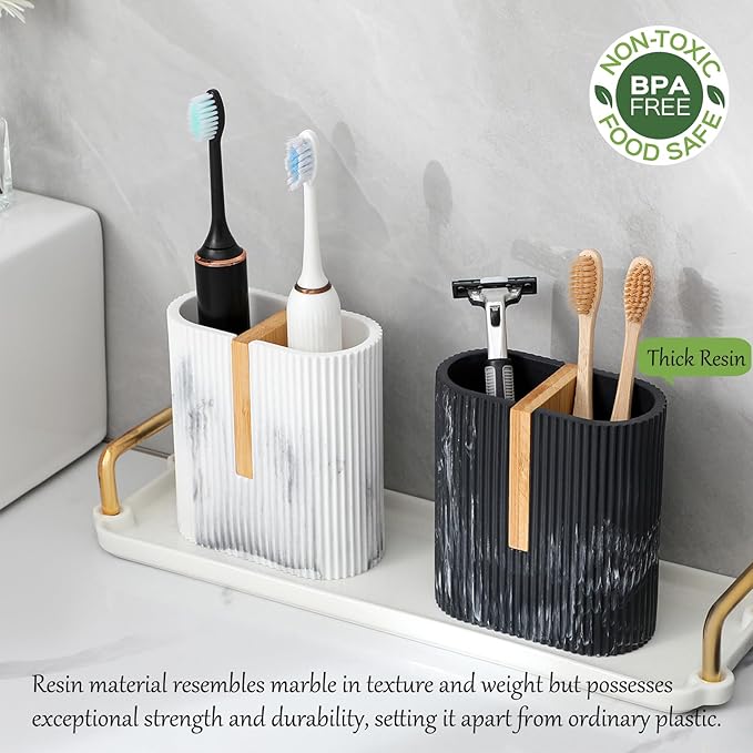 rejomiik Toothbrush Holders Electric Toothbrush Holder for Bathrooms, Bamboo Tooth Brushing and Toothpaste Storage Organizer for Sink, Countertop, Marble Black