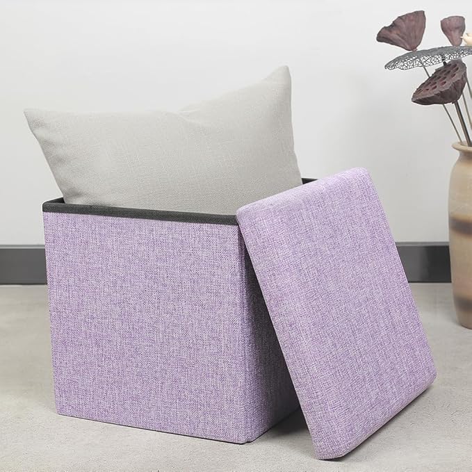 B FSOBEIIALEO Storage Ottoman Cube, Linen Small Foot Seat, for Living Room, Bedroom, Home Office, Dorm Storage Footrest Light Purple 11.8"x11.8"x11.8"