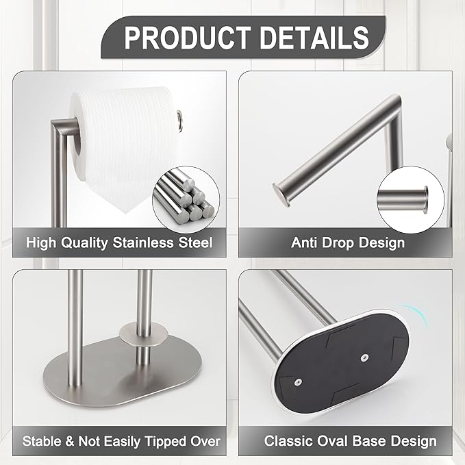 KLDKLD Brushed Nickel Freestanding Toilet Paper Holder with Reserve for Bathroom with Weighted Base, Modern Tissue Roll Holder Stand