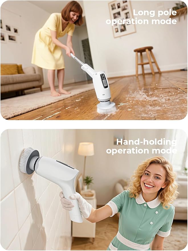 Cleangor Electric Spin Scrubber, Cordless Cleaning Brush Shower Scrubber with 9 Replaceable Brush Heads 3 Speeds Extension Handle for Bathroom, Shower, Bathtub, Floor, Tile, Kitchen, Pool (1, White)