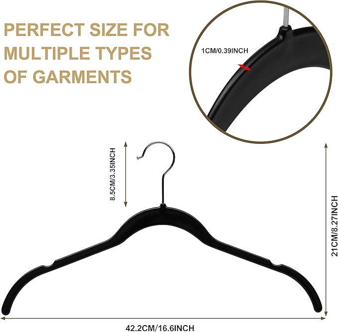 Quality Hangers Clothes Hangers 50 Pack - Non-Velvet Plastic Hangers for Clothes -Heavy Duty Coat Hanger Set -Space-Saving Closet Hangers with Chrome Swivel Hook, Non-Flocked Hangers (50, Black)
