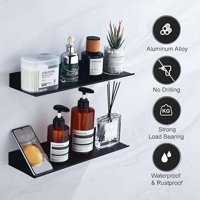 HNVNER Black Shower Shelves Rustproof & Waterproof, 40cm Adhesive Shower Caddy 2 Pack, Metal Bathroom Floating Shelves No Drilling Bathroom Wall Storage Organizer