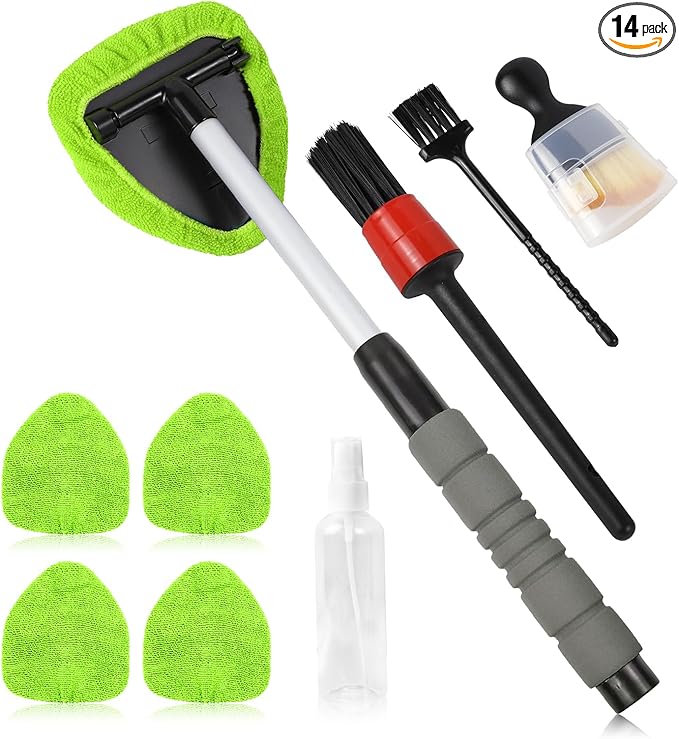 wuyaoyao 14PCS Car Windshield Cleaning Tool, Car Glass Wiper Kit with Window Cleaner, Microfiber Pads, Spray Bottle, Extendable Handle, Interior Detailing Dust Brush, Car Cleaning Supplie (Green)