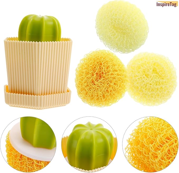 Kitchen Cleaning Brush Set with Holder & Drip Tray – 3 Head Cactus Scrub Brush, Row Brush, Mini Dish & Pot Brushes – Durable Multi-Purpose Scrubbers for Sink, Pans, Plates, Cups (Yellow)