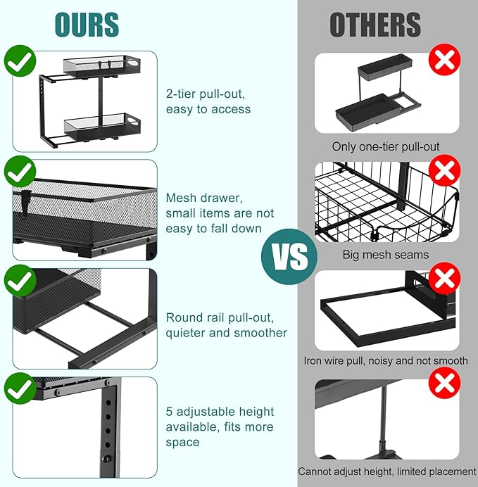Housolution 1 Pack Under Sink Organizer, 2 Tier Metal Pull Out Under Sink Storage with Sliding Mesh Drawers, Height Adjustable Slide Out Under Sink Organizer for Kitchen Bathroom Cabinet, Black