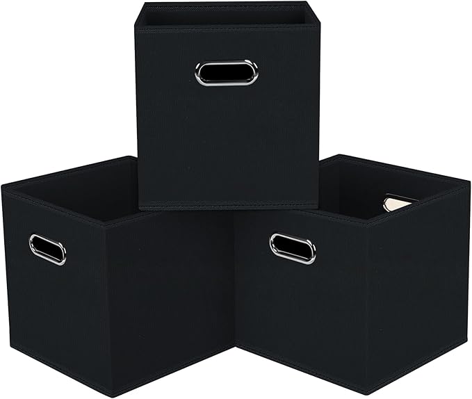 Black Foldable Storage Cubes Bins, Fabric Storage Box Cubes Organizer Baskets with Dual Handles for Home Organizer,Set of 3,(Black)