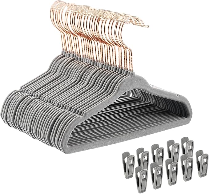 Velvet Baby Hangers 30 Pack - 11 Inch Non-Slip Kids Hanger for Newborn Clothes - Small Toddler Child Hangers Durable for Every Use - 10 Hanger Clips Included, Gray