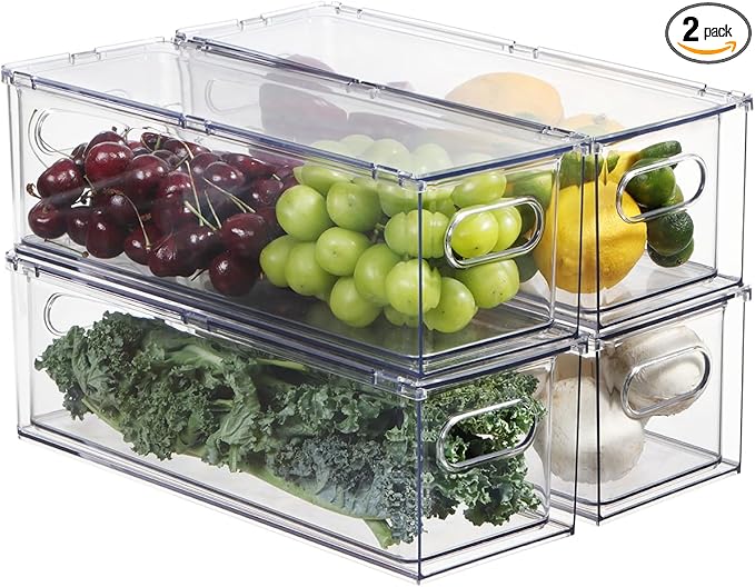 Fridge Drawer Pull Out Stackable Bins, Clear Refrigerator Stackable Organizers, Fridge Organizer Storage for Kitchen, Pantry, Vegetables, Fruits (4 Small)