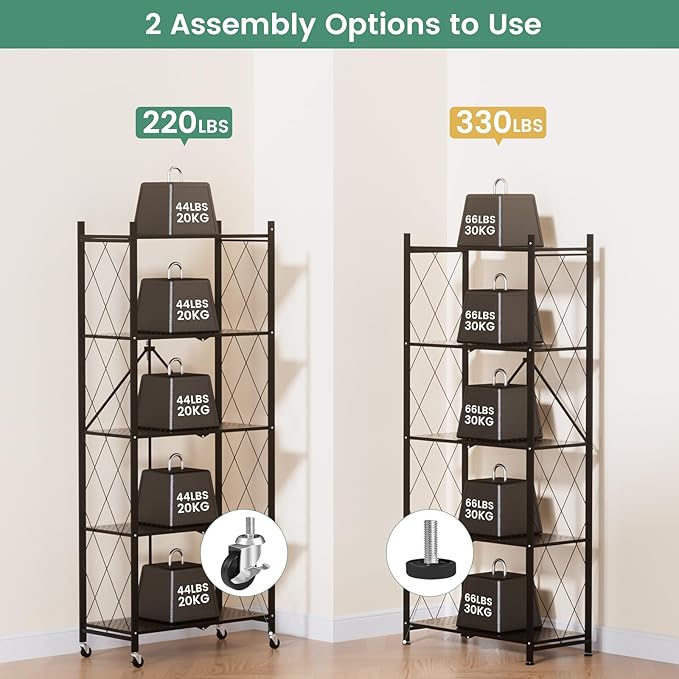 ALANNG 5 Tier Storage Shelves on Wheels, No Assembly Metal Folding Shelf Heavy Duty, Black | Colorful | Rolling | Collapsible | Rack Unit | for Living Room Office | 13.4" D x 28" W x 64.6" H