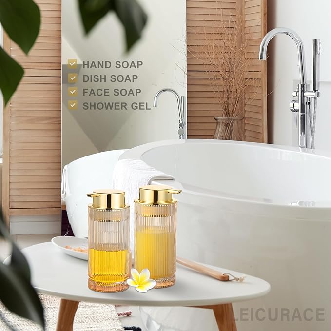 Glass Liquid Soap Dispenser, Refillable Liquid Dispenser with Gold Pump, Hand Soap Dispenser for Bathroom Kitchen, Modern Home Bathroom Kitchen Decor （Liquid Type/Clear）