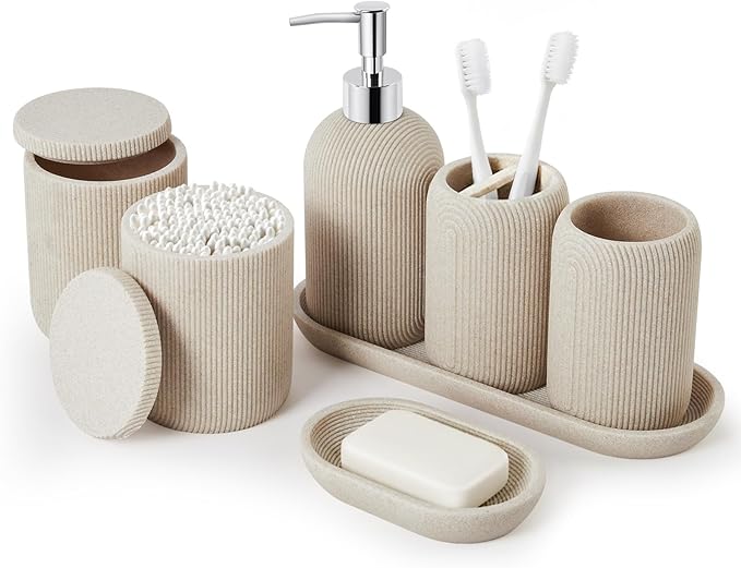 Bathroom Accessories Set - 7-Piece Resin Bathroom Set, Toothbrush Holders Set, Soap Dispenser, Qtip Holder Dispenser, Tumbler, Soap Dish & Tray, Modern Bath Decor for Home Dorm Hotel (Beige)
