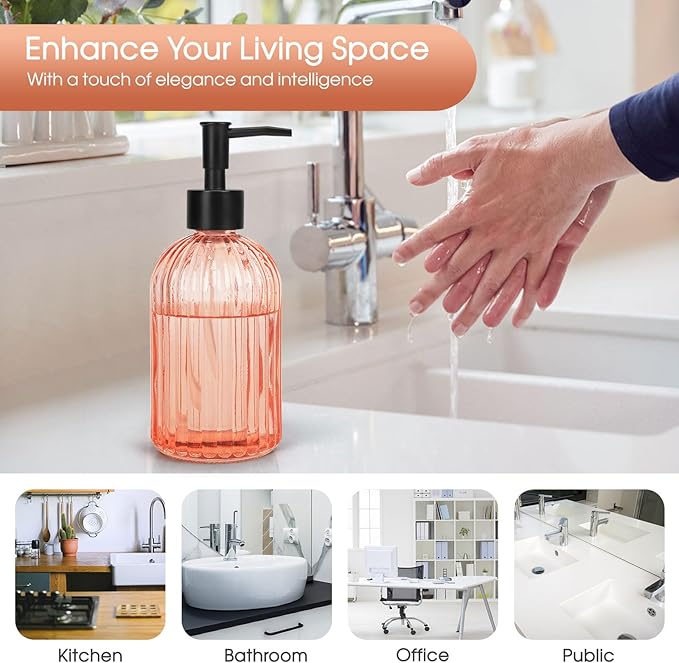 Topsky 2 Pack Glass Soap Dispenser with Black Plastic Pump, 400ml Liquid Hand Soap Dispenser, Rustproof Pump for Kitchen & Bathroom, Great for Lotions, Essential Oil, Liquid Soaps-Pinkish Orange