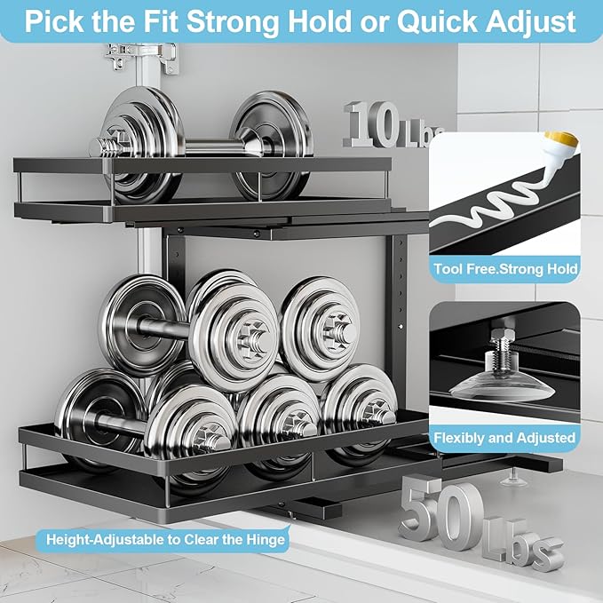 2 Pack Under Sink Organizers and Storage, Heavy Duty Metal Pull Out Cabinet Organizer with Ball-Bearing Slides, Height Adjustable L-Shaped Shelf for Kitchen & Bathroom (2-Pack)