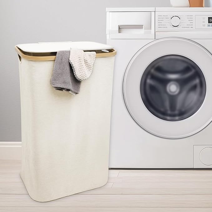 QUALIAZERO 87L Laundry Hamper with Lid – Single Section Bamboo Frame Hamper with Removable Inner Bag & Pull-Tab Cover, Slim Design for Bedroom, Bathroom, or Laundry Room (FEATHER CREAM, SINGLE)