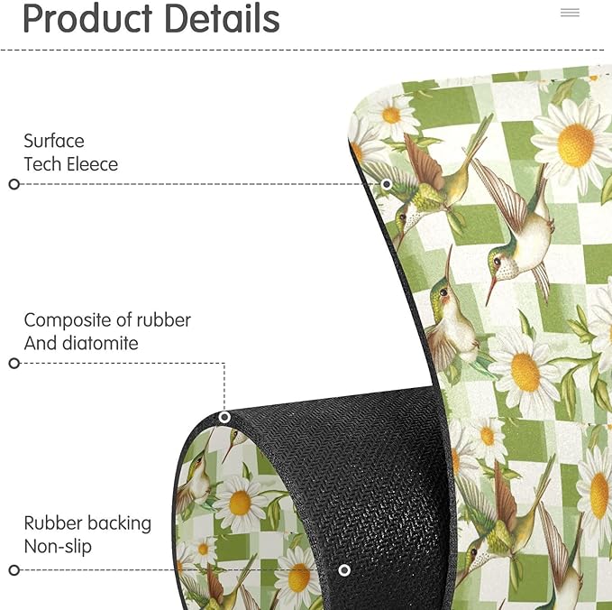 Checkered Green and White Hummingbirds Daisy Kitchen Sink Splash Guard Sink Faucet Mat Faucet Handle Drip Catcher Drain Mats for Kitchen Bathroom