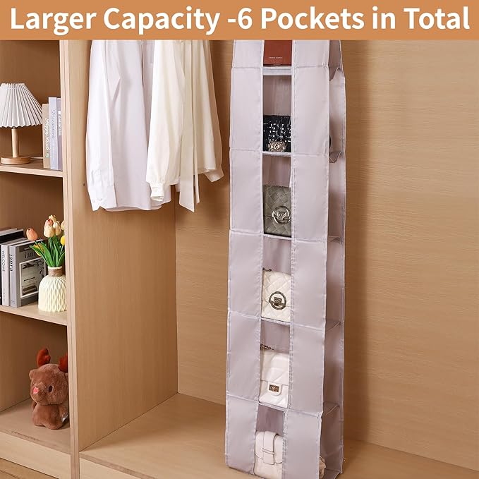 Over The Door Purse Organizer, 6-Pocket Hanging Storage for Handbags, 62.2x10.24 Inch, Space-Saving Closet Organizer with Metal Hooks, Gray (Light Gray)