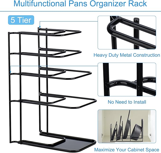 Toplife Heavy Duty Pan Organizer, 5 Tier Pot and Pan Organizer Rack for Cast Iron Skillets, Griddles and Pots - Sturdy Steel Construction- No Assembly Required - Black