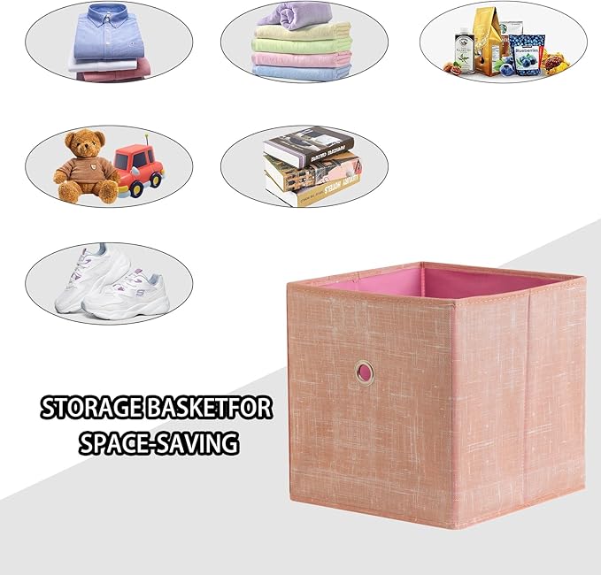 Foldable Storage Cubes Bins ,11 Inch Cloth Storage Cube Fabric Storage Box Cubes Organizer Baskets with Handles for Home Organizer Set of 6 (Cowboy Pink)