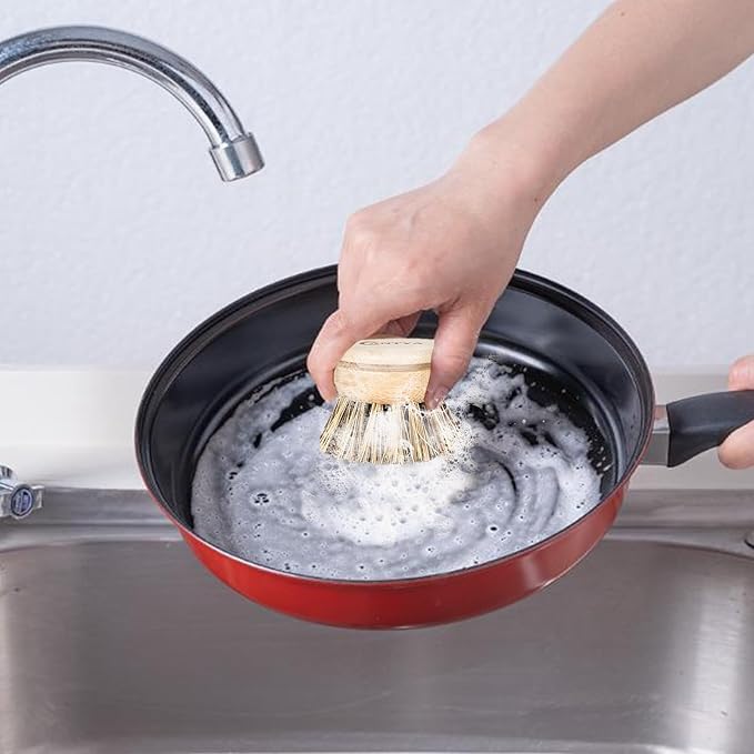Bamboo Dish Scrubber with Handle - Hard Bristle, Natural Dish Brush, Sustainable & Biodegradable, Kitchen Scrub Brush for Dishes, Iron Pots, Baking Trays, Barbecue Grills