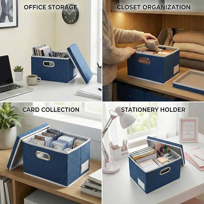 PRANDOM Storage Bins with Lids [3-Pack] Linen Fabric Foldable Storage Boxes Organizer Containers Baskets Cube with Cover for Bedroom Closet Office Royal Blue（11.4X8.6X6.7