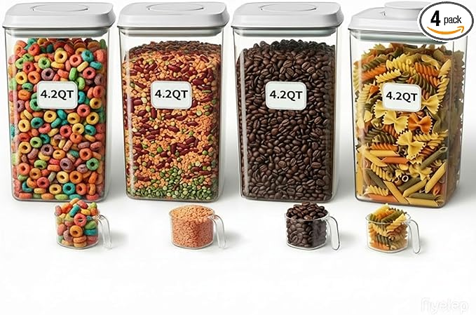 4 Pcs Large Pop Airtight Food Storage Containers Set with Lids, 4.2Qt/4L Food Containers with Scoop, Kitchen Pantry Organization and Storage, BPA Free Stackable Cereal Container (4 * 4.2Qt)