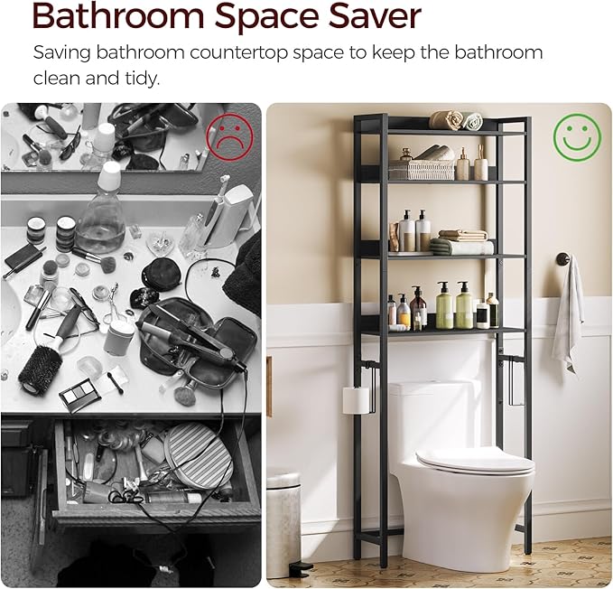 Over The Toilet Storage Rack, 4 Tier Bathroom Organizer Over Toilet, Freestanding Space Saver Toilet Stand with 2 Hooks, Bathroom Storage Shelf, Easy to Assemble, Black TSHB0401