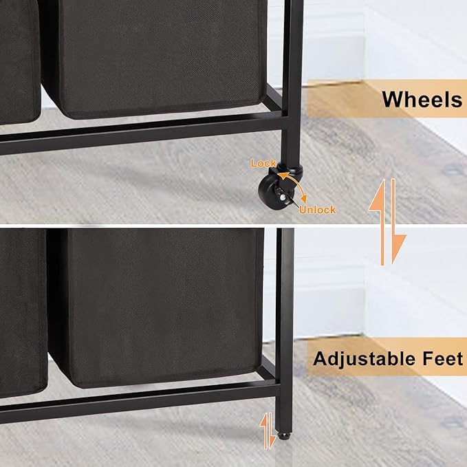 Laundry Hamper, Laundry Sorter, Rolling Laundry Basket with Wheels, 2 Shelves, 18 Gal(68L), Pull-Out and Removable Oxford Fabric Bags, for Laundry Room, Black and Rustic Brown