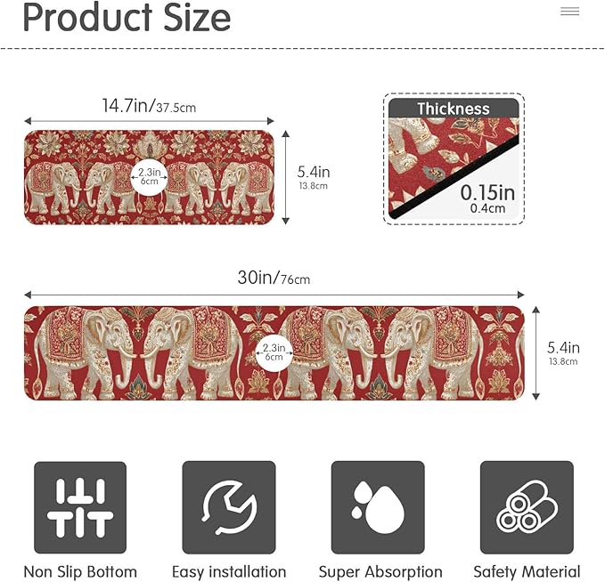 Kitchen Sink Splash Guard 2 PCS 14.7 Inch Sink Faucet Mat Splash Guard for Bathroom Countertop Water Absorbent Foldable Cuttable Soft Washable Red Retro Elephant Flowers