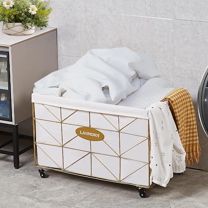 Mxfurhawa Laundry Hamper, 65L Collapsible Laundry Basket Large Capacity Metal Laundry Hamper with Removable Liner, Rolling Wheels and Collapsible Design for Storage and Organization (65L Rectangular)