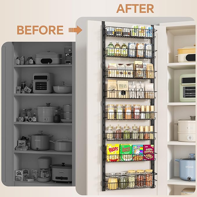 MIAOLI Over the Door Pantry Organizer, 8-Tier Adjustable Spice Rack Cabinet Door Shelves, Hanging Seasoning Organizer for Kitchen Bathroom, Laundry Room Organization, Black