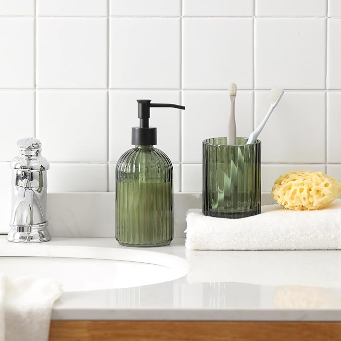 4PCs Heavy Weight Decent Glass Bathroom Accessories Set with Decorative Pressed Pattern - Includes Soap Dispenser, Lidded Cotton Jar, Tumbler and Soap Dish(Olive Green)