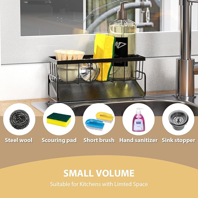 KABUM Sponge Holder Drain Rack for Kitchen Sink - 4-in-1 Organizer Holds Sponge, Soap, Stopper & Mini Brush, 9” Long Rustproof Carbon Steel Tray, Essential Kitchen Storage for a Tidy countertop, Grey