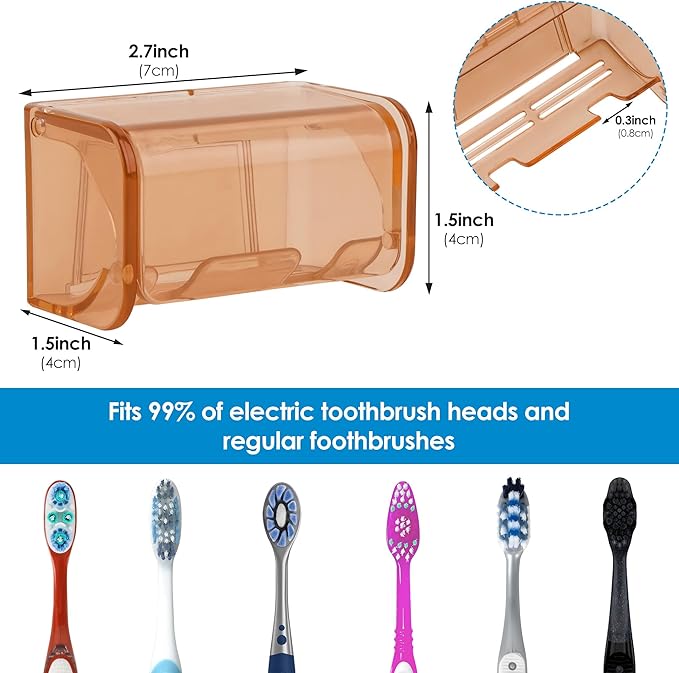 Toothbrush Holder Wall Mounted with Cover for Bathroom, 2 Slots Toothbrush Storage Organizer for Shower, Self Adhesive Toothbrush Hanger Rack for Dorm, Cabinet (Brown)