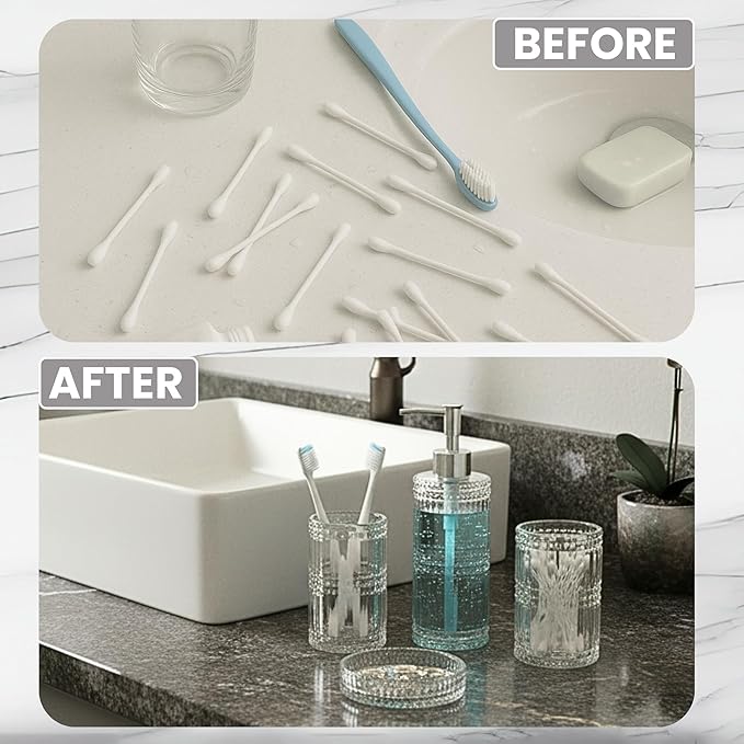 Escenzy Clear Glass Bathroom Accessories Set 4 Pcs | Premium Liquid Soap Dispenser and Toothbrush Holder Set, Qtip Holder, Soap Tray | Bathroom Countertop Organizer | Modern Bathroom Accessory Sets