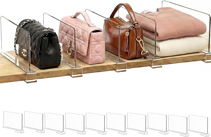 Shelf Dividers Purse Organizer for Closet: 6-inch Tall(Shorter Version) Acrylic Handbag Organizer - Small Space Separator for Clutches Evening Bags Pouches Mini-bags on Wood Shelves 10-Pack