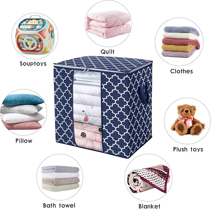 WISELIFE Storage Bags 6 Pack/100L Large Blanket Clothes Organization and Storage Containers for Comforters,Bedding, Foldable Organizer with Reinforced Handle, Clear Window, Sturdy Zippers,Blue