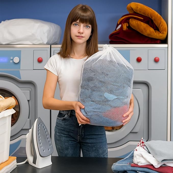 25 Pack Mesh Laundry Drawstring Bags, 20" x 24" Washing Machine Wash Bag Heavy Duty Washable Large Net Laundry Bag for Travel, College, Dorm, Apartment, Camping, Laundromat(White)