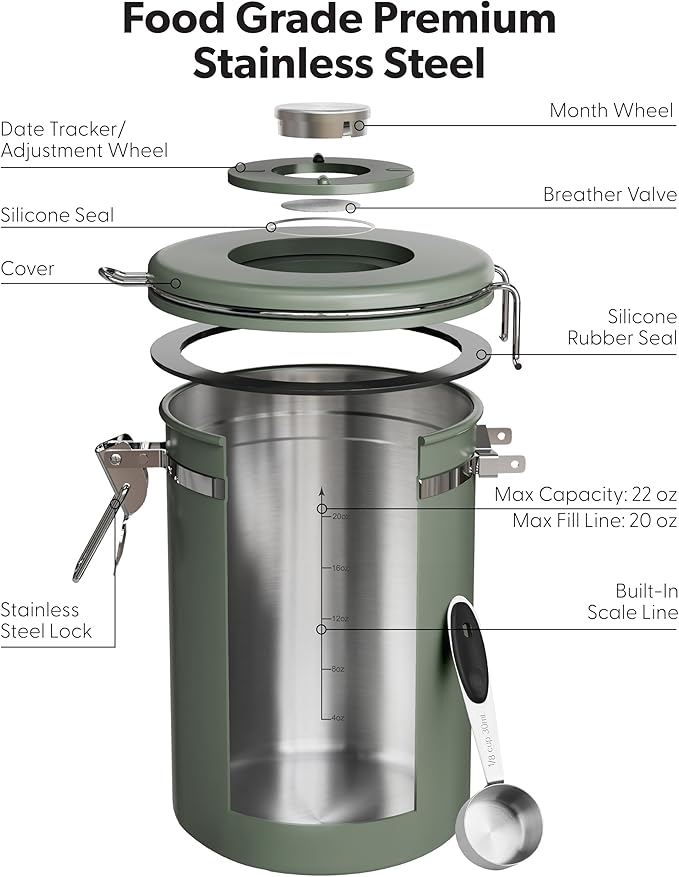 Veken Coffee Canister with Window, Airtight Stainless Steel Kitchen Food Storage Container with Lids, Date Tracker and Scoop for Grounds Coffee, Beans, Tea, Flour, Cereal, Sugar Jars, 22OZ, Green