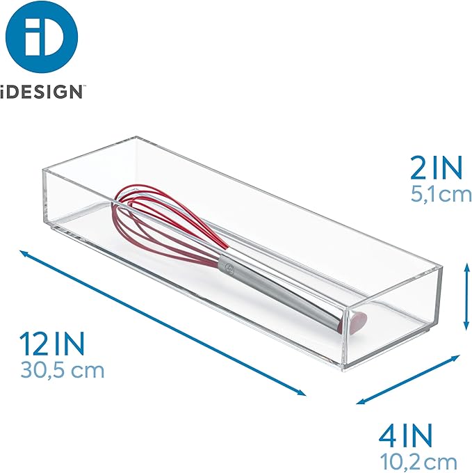 iDesign Clarity Plastic Drawer Organizer, Storage Container for Silverware, Utensils, Kitchen Gadgets in Pantry, Cabinets, Countertops, 4" x 12" x 2" - Clear