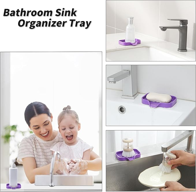 MicoYang Silicone Bathroom Soap Dishes with Drain Spout-Bathroom and Kitchen Sink Organizer,Sponge Holder,Dish Soap Tray,Perfect for Dispenser,Scrubber,Bottle,Cup on Sink or Counter-Purple 4.9"×3.2"