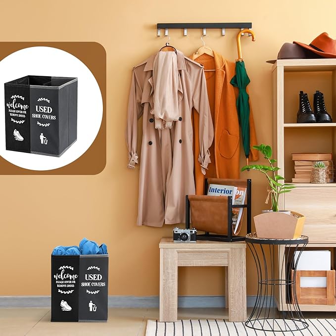 Shoe Cover Box Dispenser Foldable Storage Bin Holder with Used Shoe Covers and Welcome Please or Remove Sign for Open House Supplies (Black, Gray)